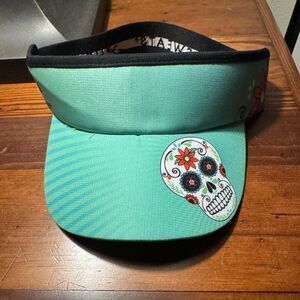 Headsweats Women's Teal Sugar Skull Design “Day Of The Dead” Visor EUC